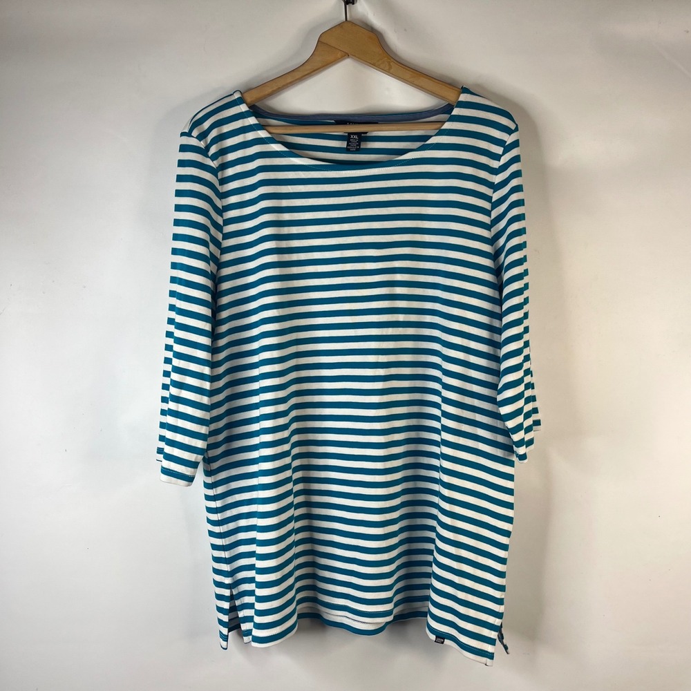 Lands' End Striped Top Women XXL Blue White Pima Cotton 3/4 Sleeve Boat Neck